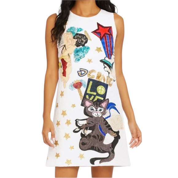 M Signature Label Collection Dresses & Skirts - White Brocade Graphic Cat Design Dress